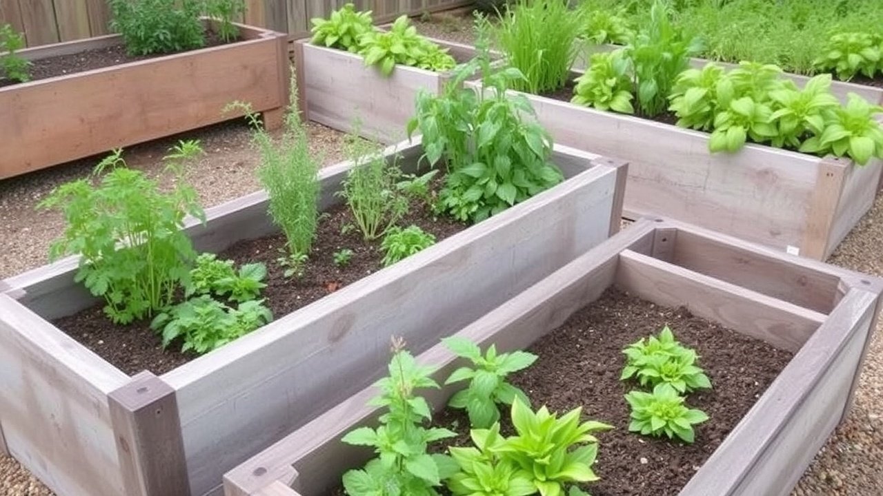 Raised planter boxes filled with herbs and vegetables