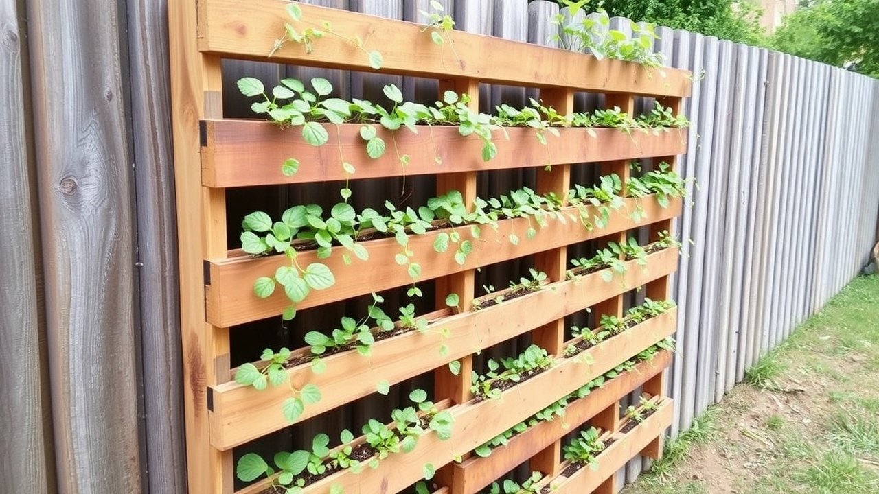A vertical pallet garden hangs on a fence with rows of small green plants.