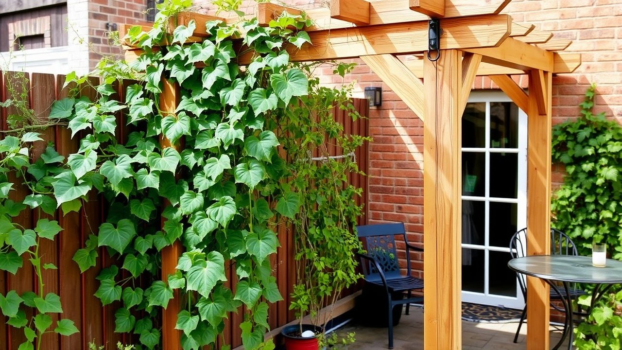 A wooden trellis holds climbing vines beside a small patio.