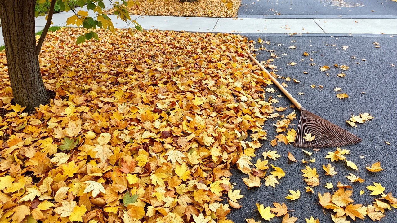Fallen leaves are raked into neat piles near the driveway
