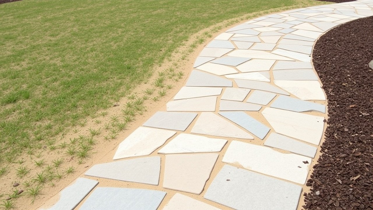 A curved walkway of irregular flagstone set in sand with mulch beds on each side.