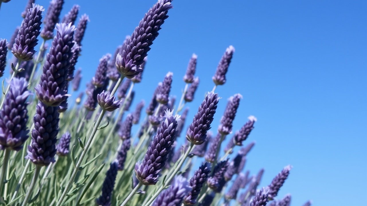 Lavender plants with purple spikes under a clear blue sky