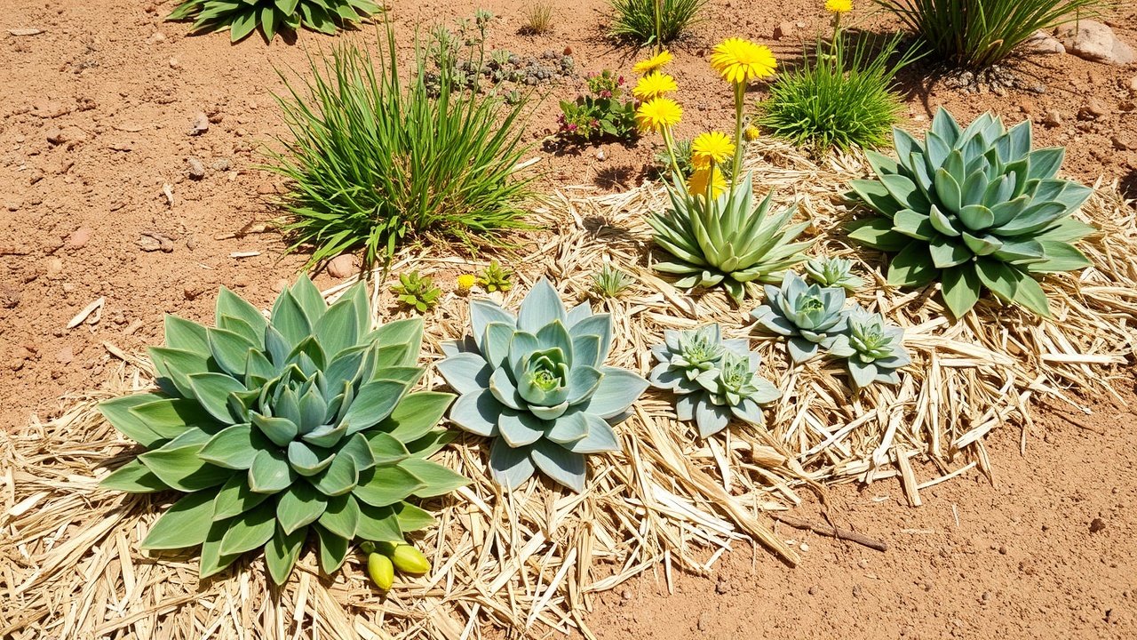 A straw mulch layer around drought-tolerant plants on hot soil