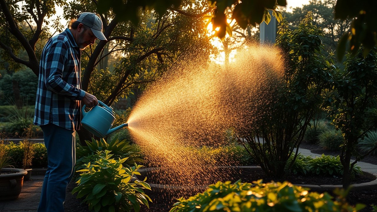 A gardener watering deep-rooted native shrubs at dawn.