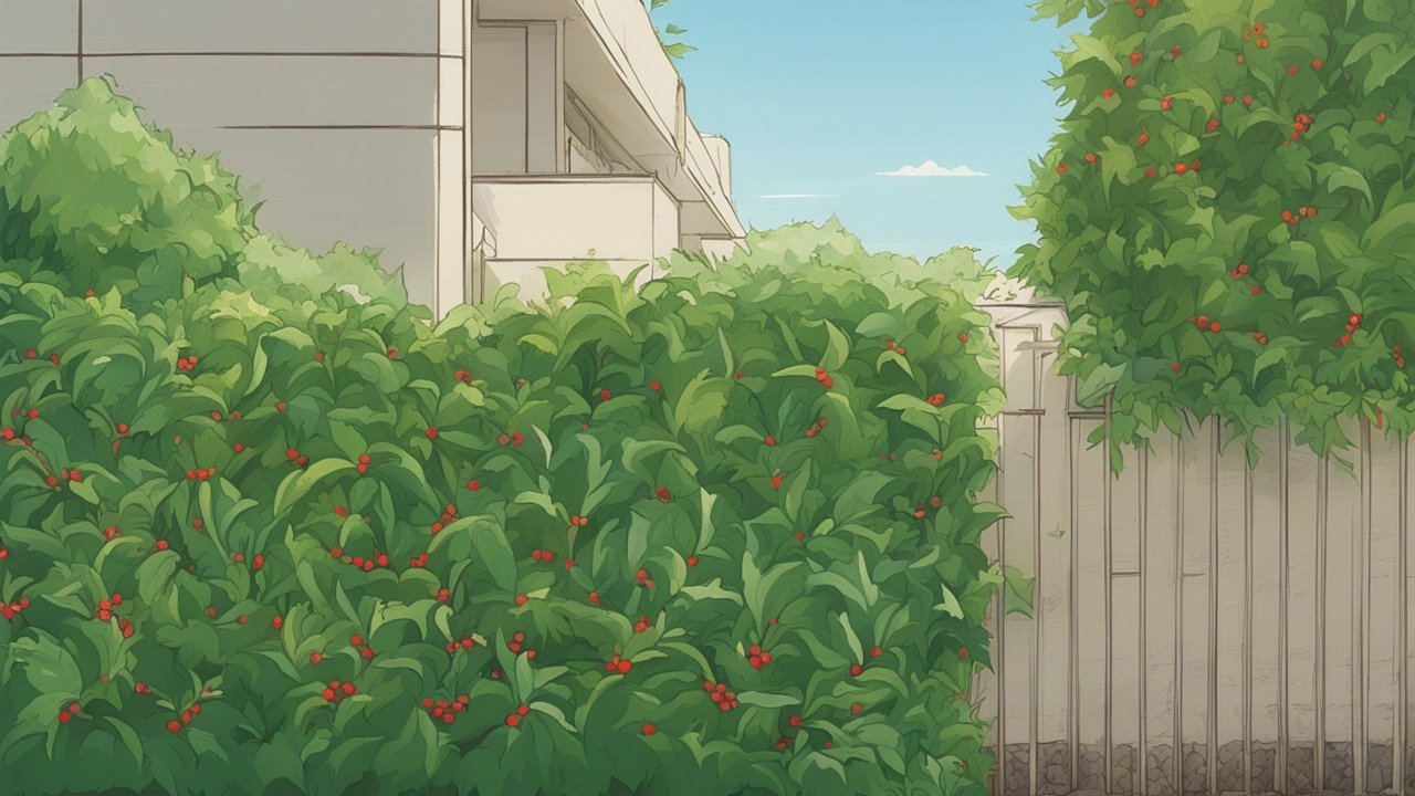 A mixed border of laurel and holly shrubs forming a thick green wall