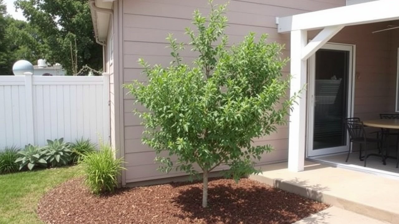 A single privacy tree planted near a patio for shade.