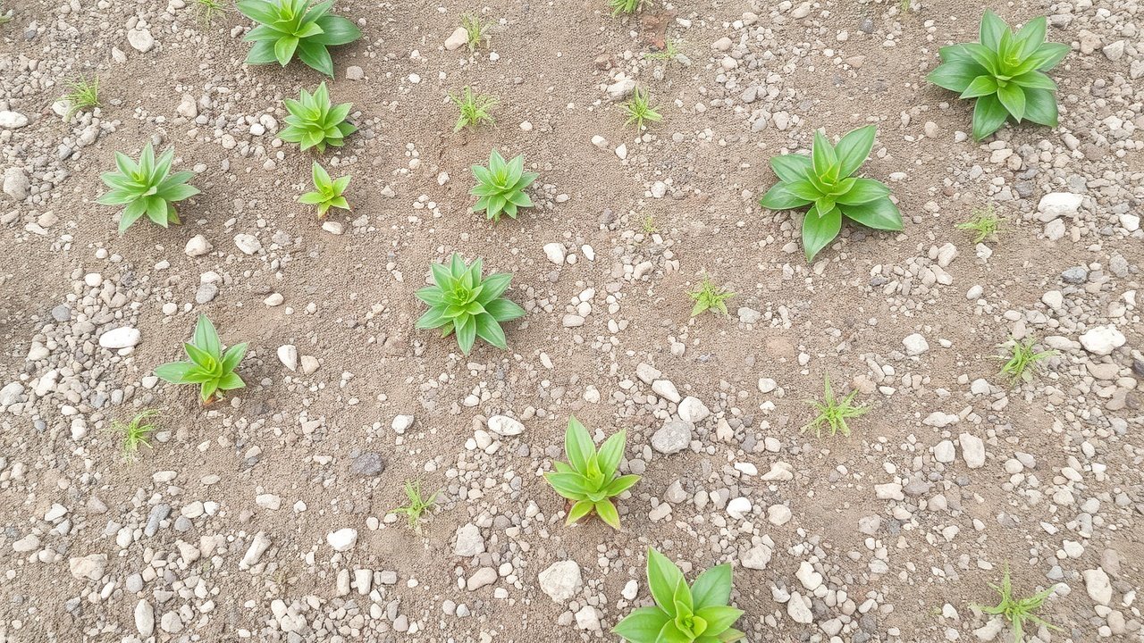 Garden bed with thin rocky soil and sparse plants.