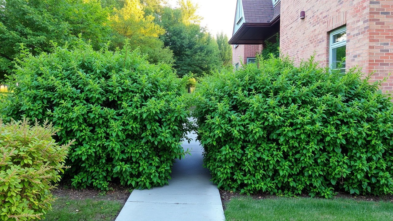 A walkway blocked by overgrown shrubs