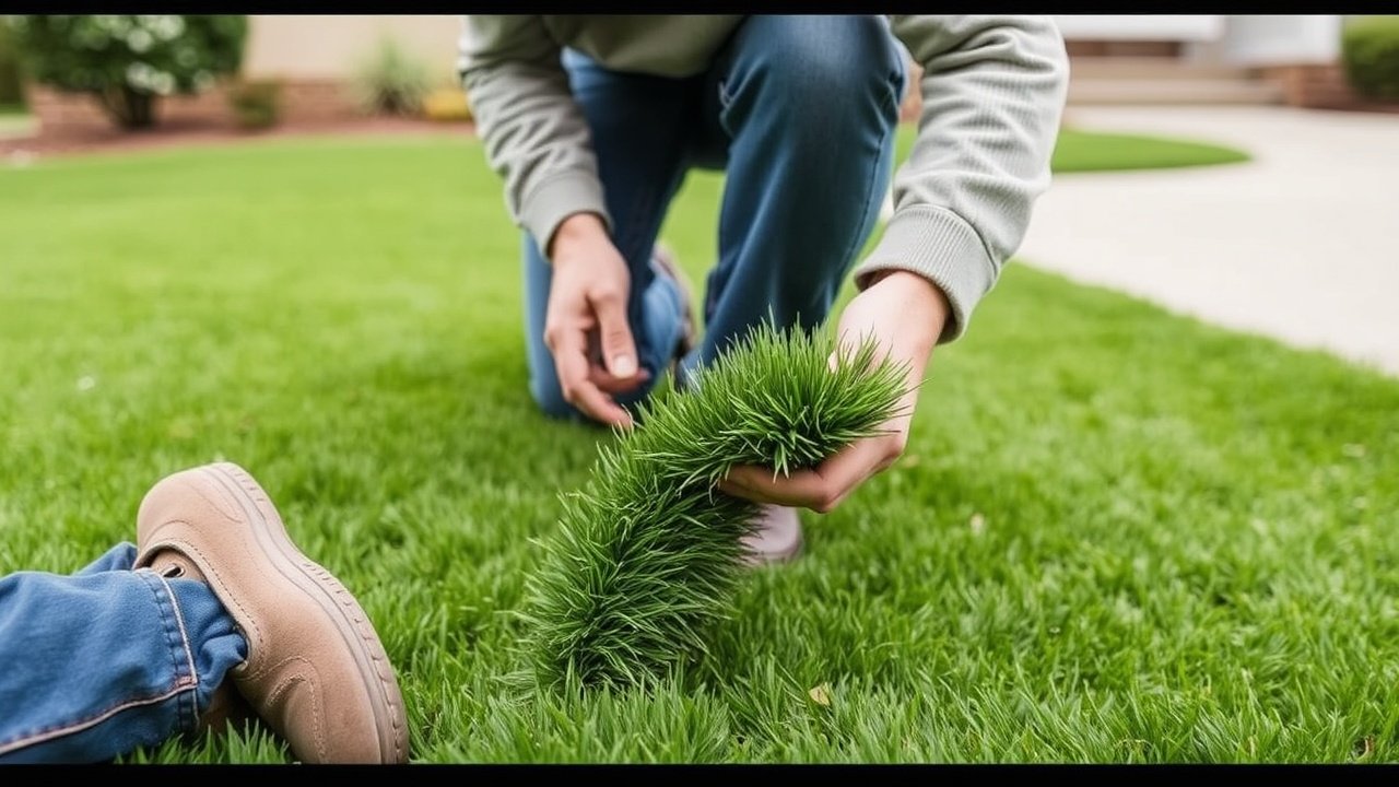 A lawn expert kneels and lifts a turf sample for the homeowner to see