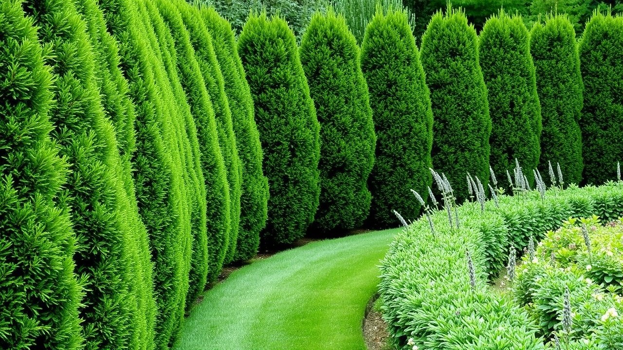 A row of dense evergreen shrubs blocking a garden path
