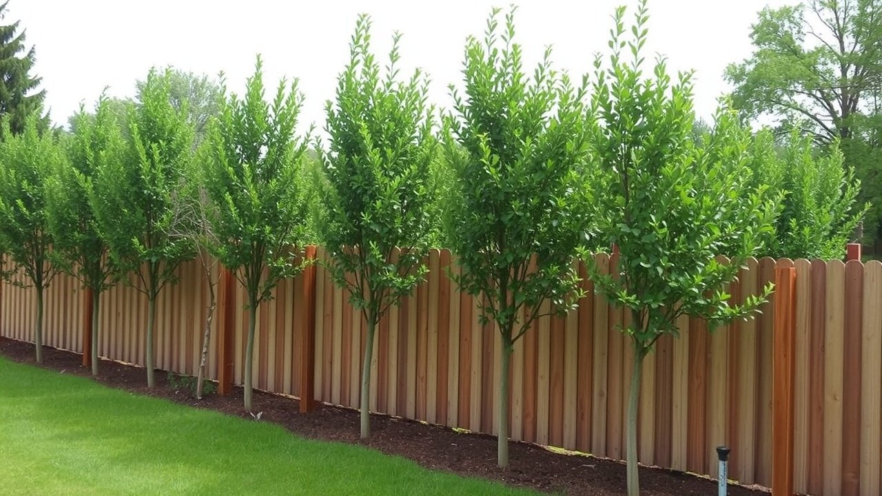 Young fast-growing trees line a fence creating a natural screen.