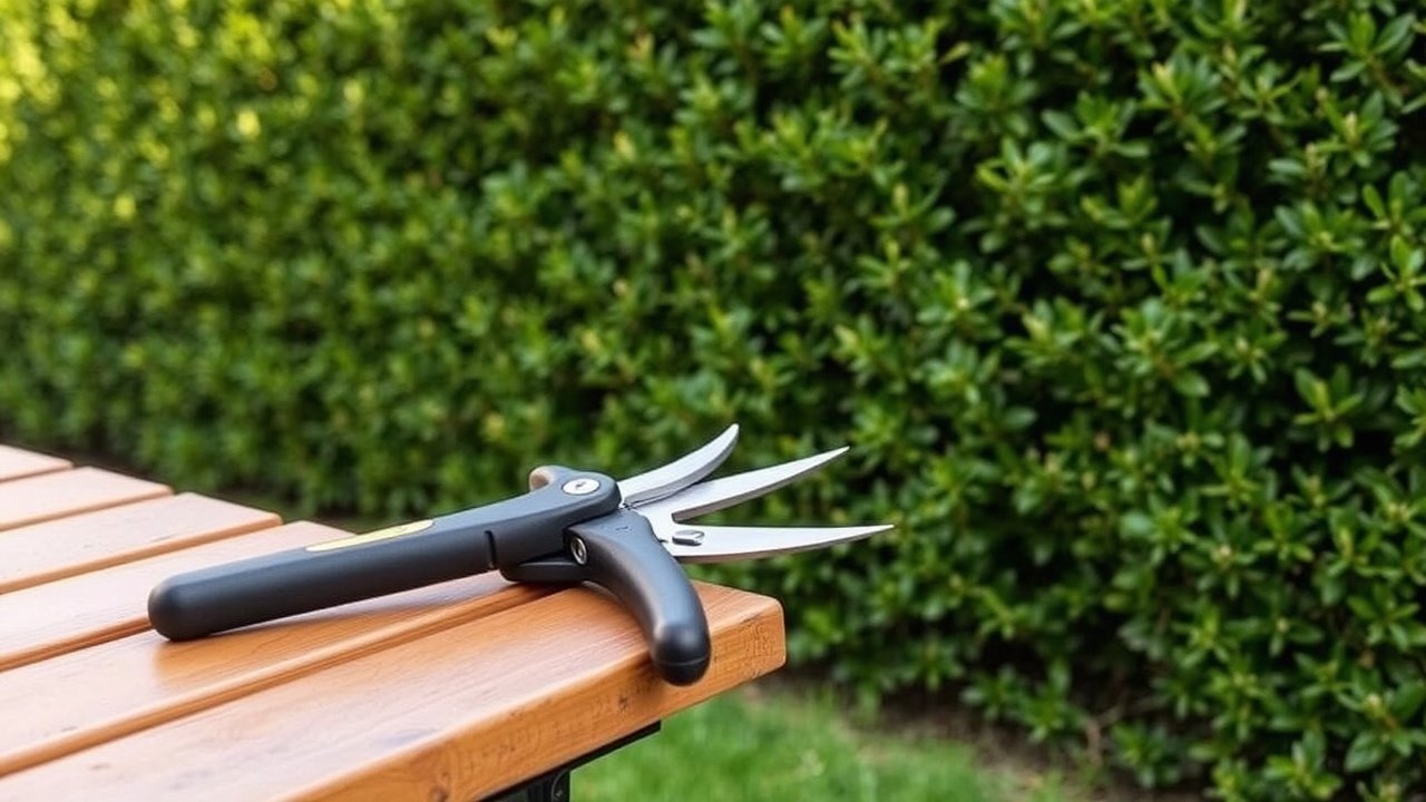 Pruning tools lie on a wooden bench in front of a neatly cut privacy hedge.