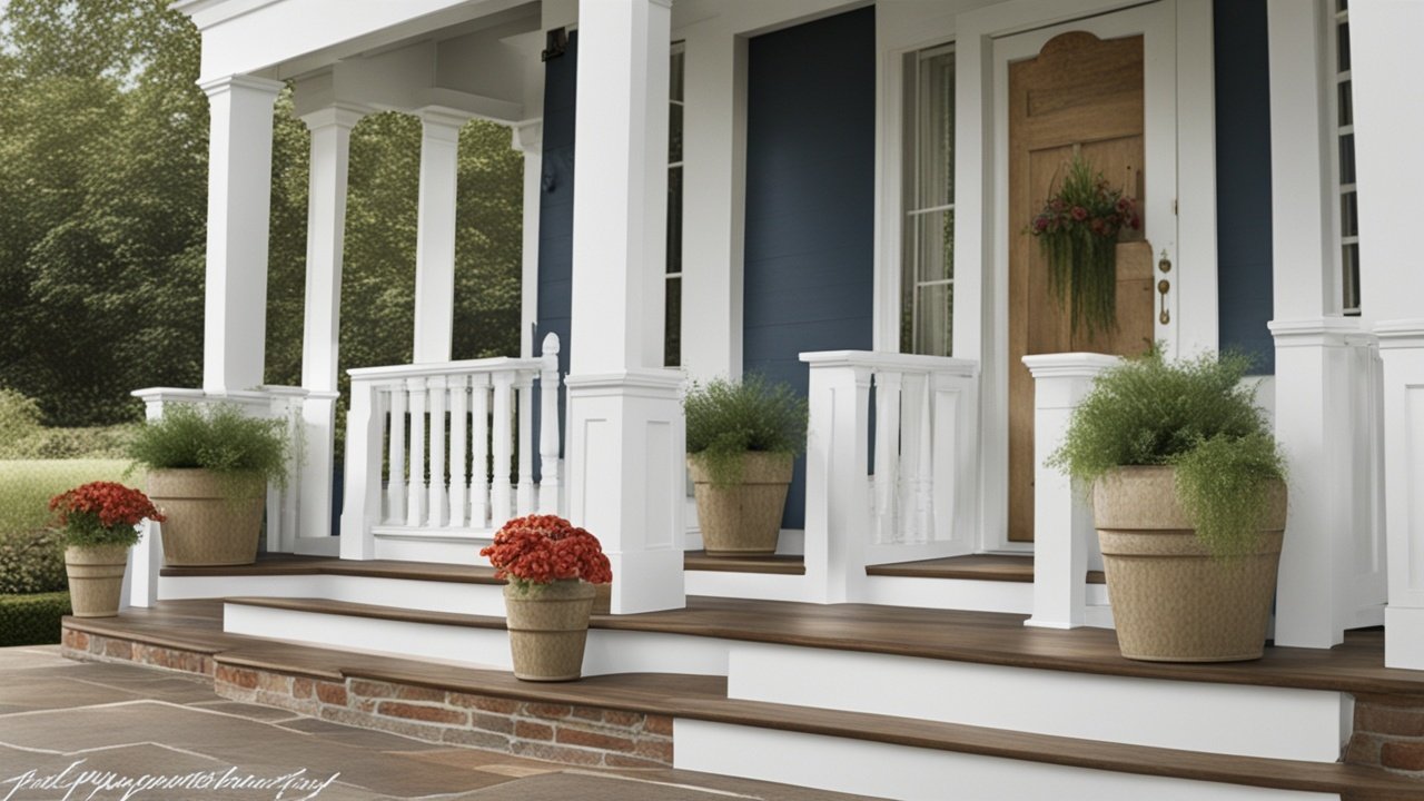 A pair of matching planters on either side of the porch steps