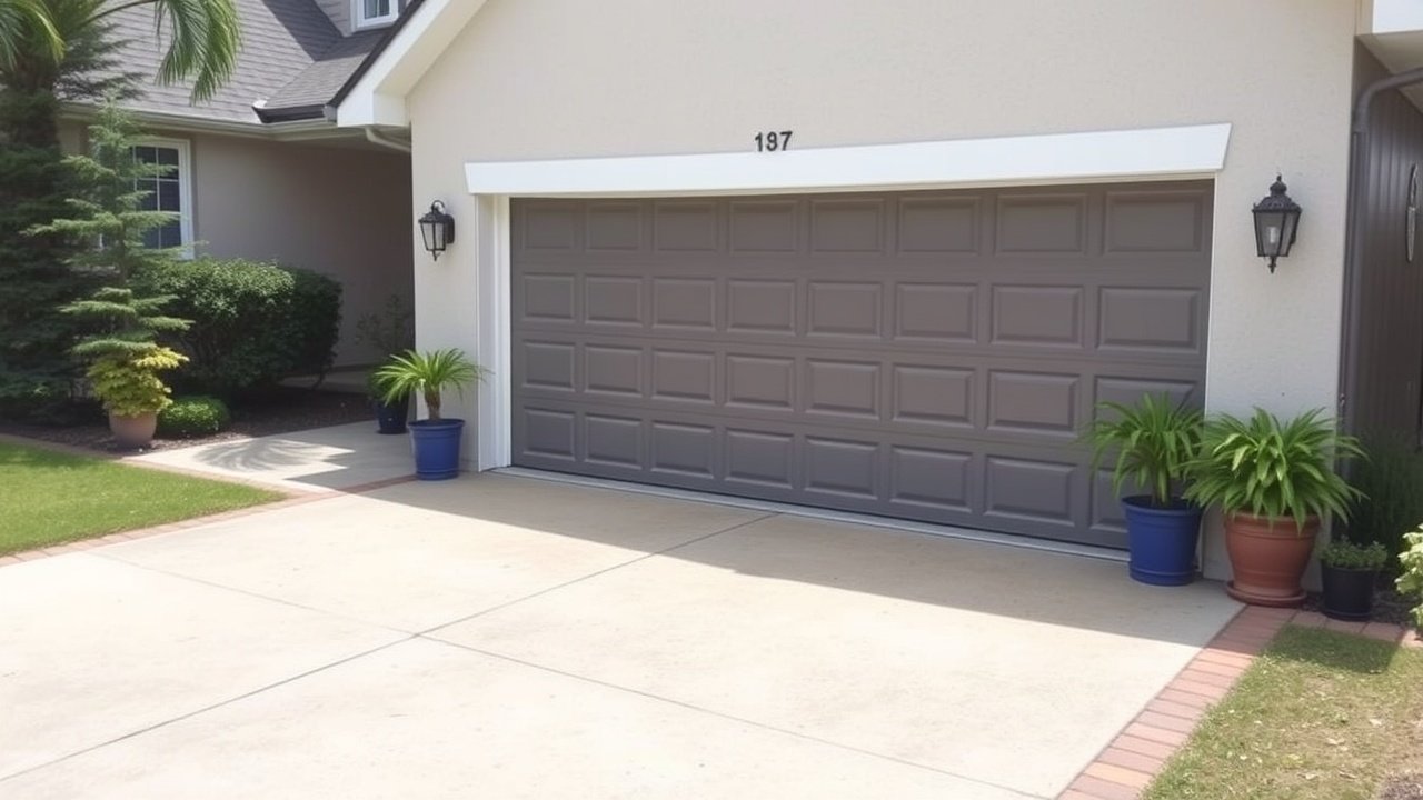A clean driveway with potted plants at the garage entrance.