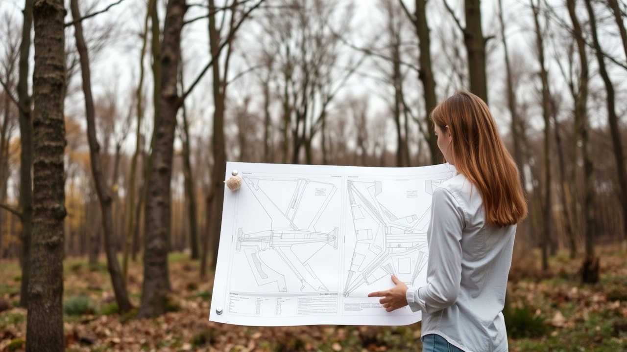 A designer points at a paper plan while standing by young trees