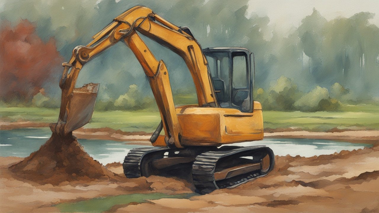 A small excavator digging a rectangular pond in soil.