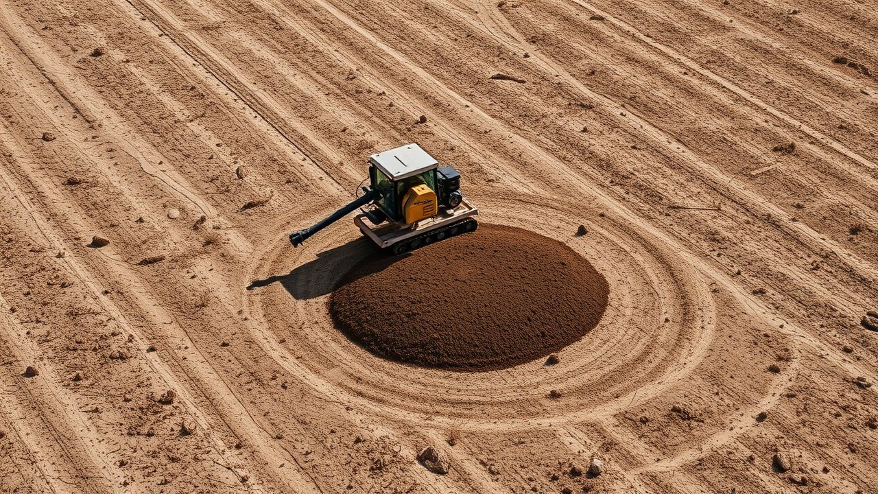 A machine levels soil on a bare plot of land