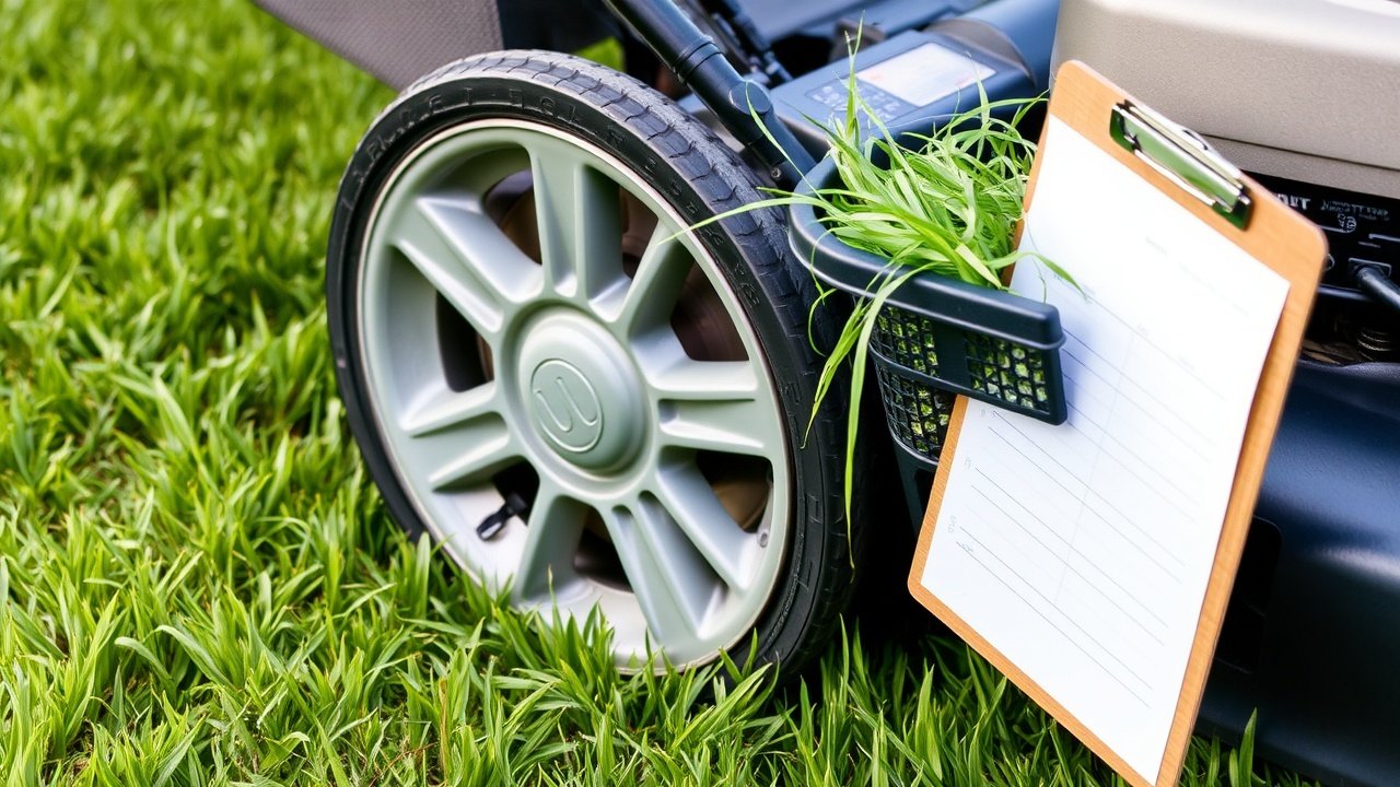 The wheel of a lawnmower on grass with a basket of grass clippings and a clipboard.