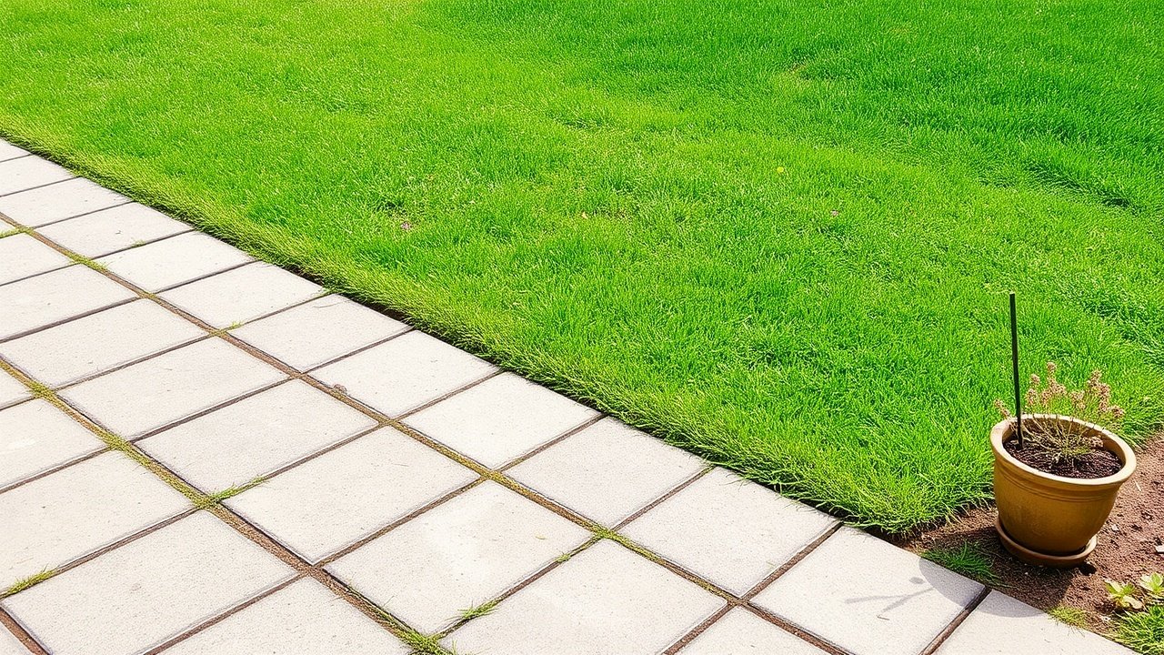 A small paved area next to a green lawn with potted plants on the edge