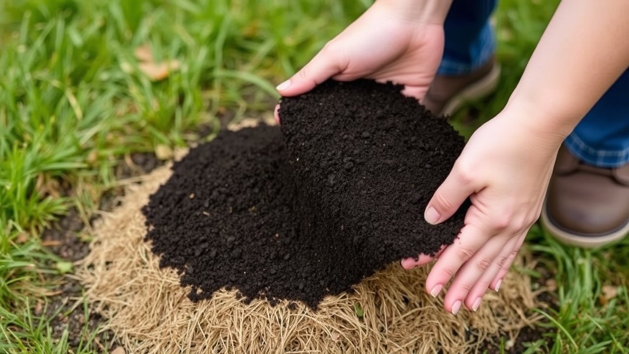 A person spreads a thin layer of dark topsoil over a small brown patch of grass