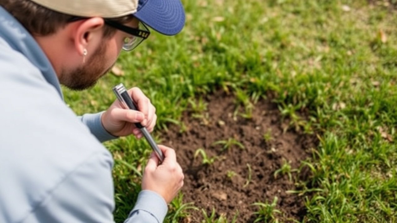 A technician uses a soil probe next to a scorched spot on the lawn