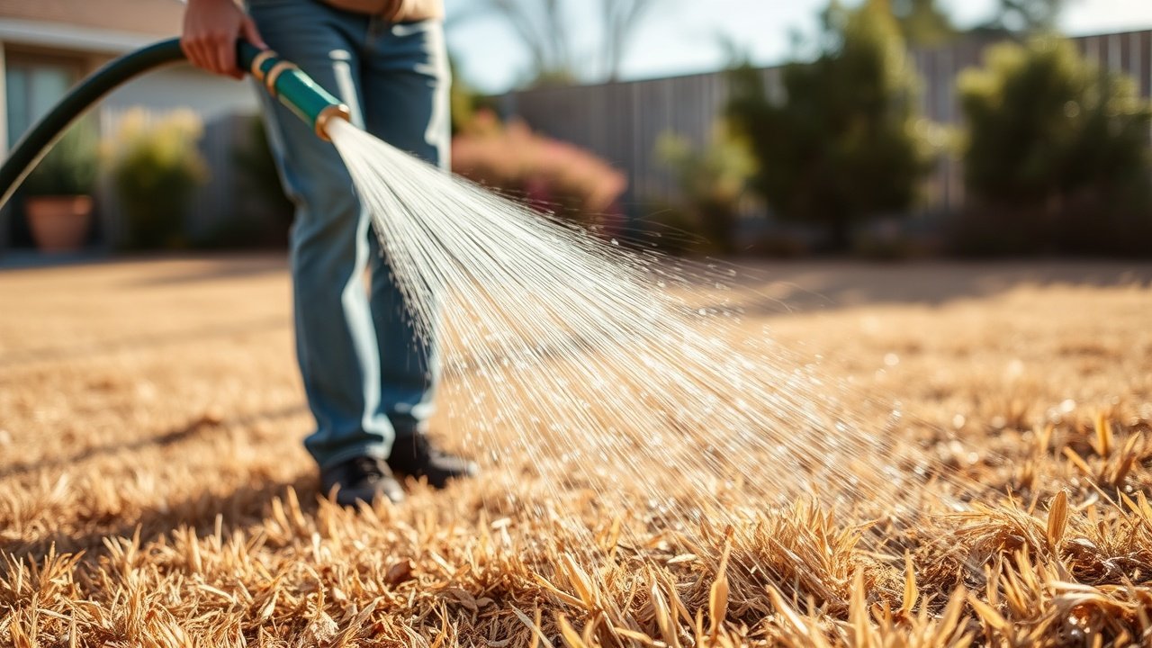 A person watering a scorched lawn area with a hose, wetting the dry grass.