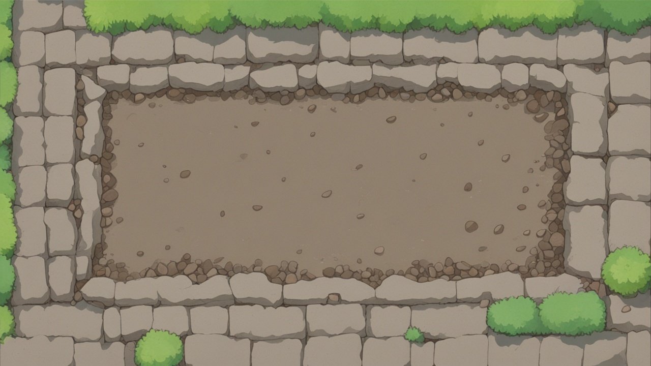 A shallow trench filled with gravel running across a lawn