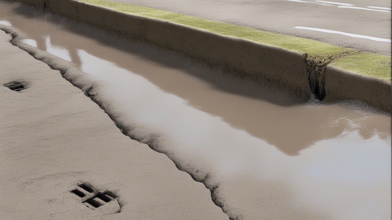 A sidewalk clear of mud with water flowing into a drain.