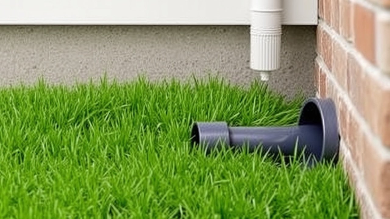 A downspout directs rainwater into a plastic drain pipe in the grass.