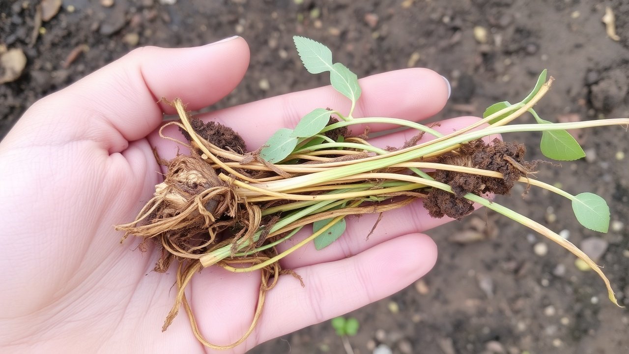 A hand holding a handful of pulled weeds with long roots and soil clinging to them.