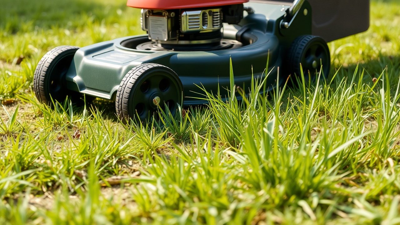 A mower set very low cutting grass down to dirt and showing weeds