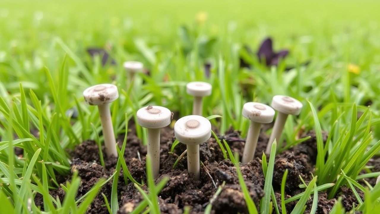 Close view of soil plugs on grass after aeration