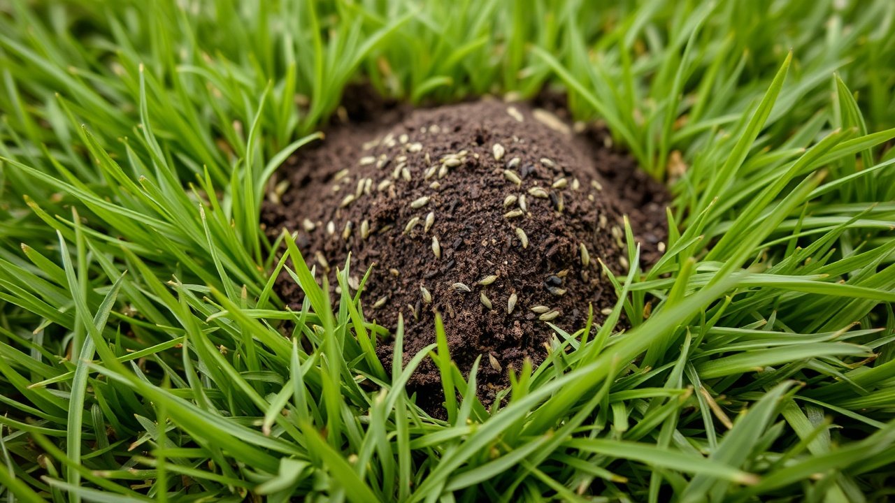 A close view of green grass surrounding a brown bare spot with new seed and soil on top.