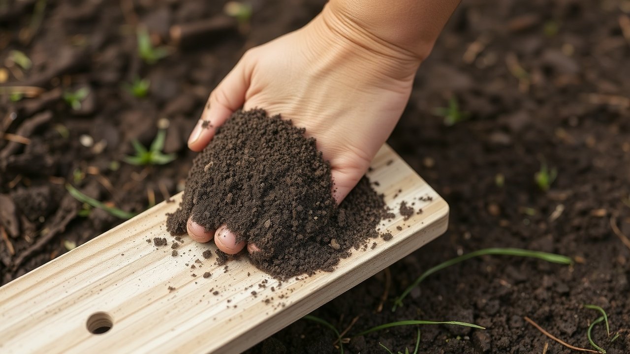 A hand presses soil over new grass seed with a flat board.