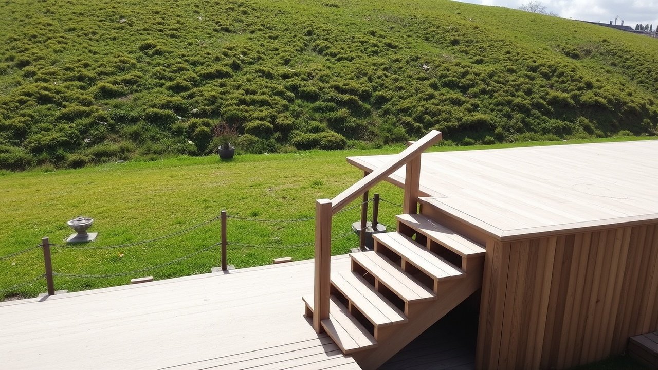 A wooden stairway going from a flat patio up a grassy slope.