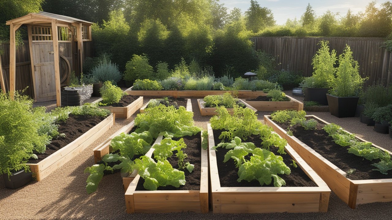 Raised wooden beds filled with vegetables and herbs in a sunny yard