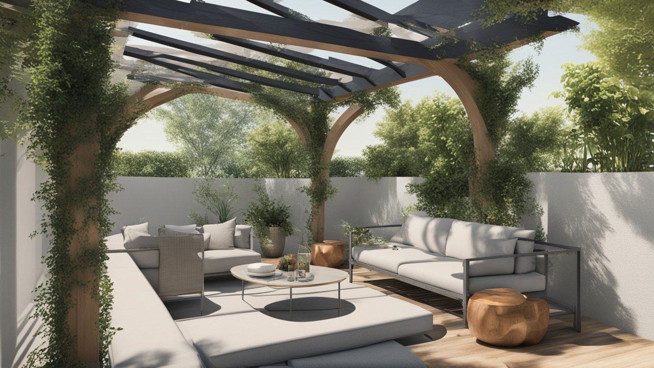 A pergola over a seating area with potted plants.