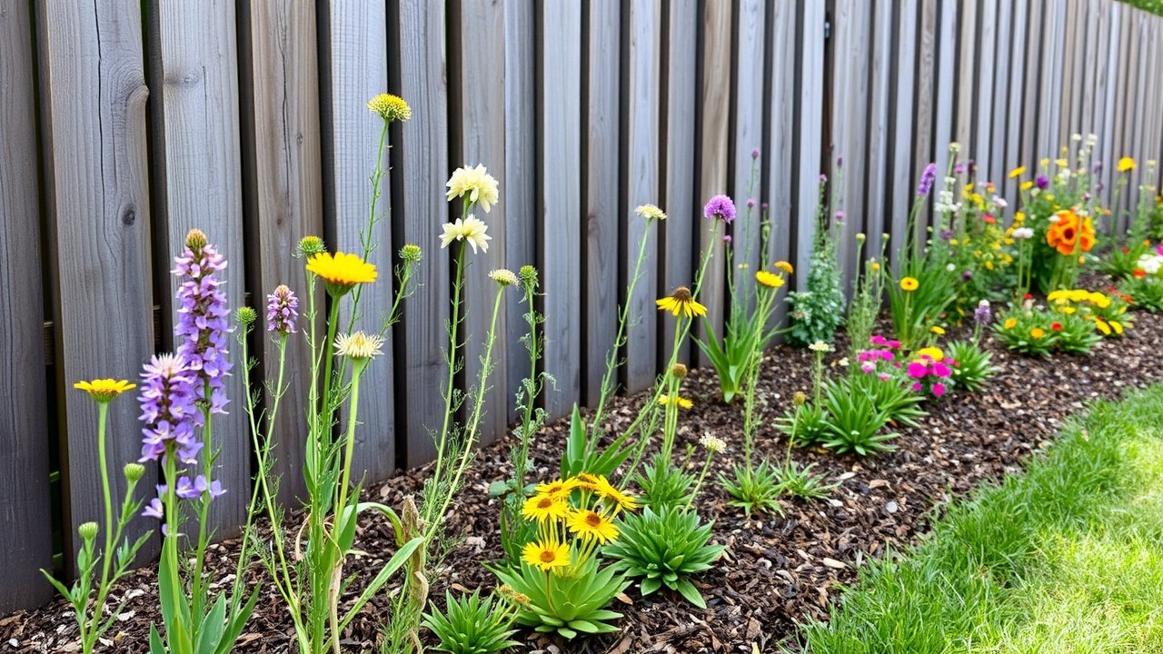 Native wildflowers planted beside a fence with clean mulch