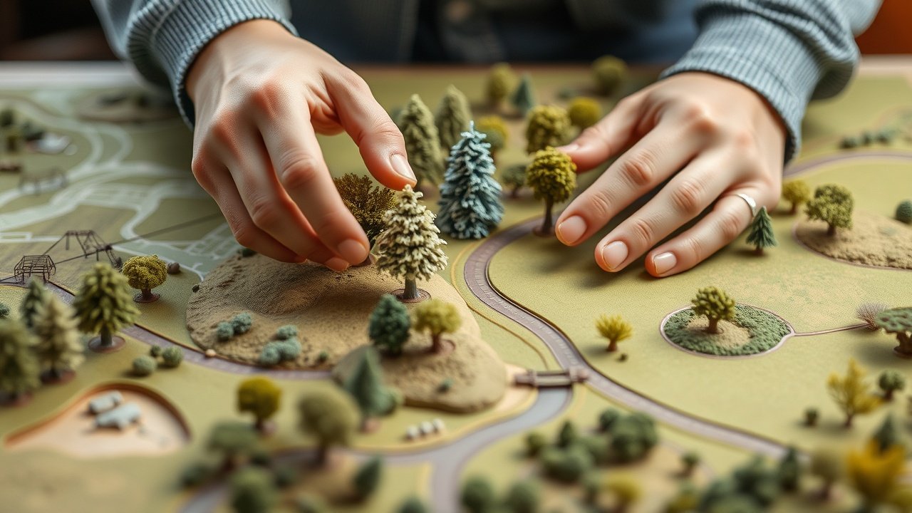 Hands arrange tiny trees and walkway pieces on a scale model of a yard