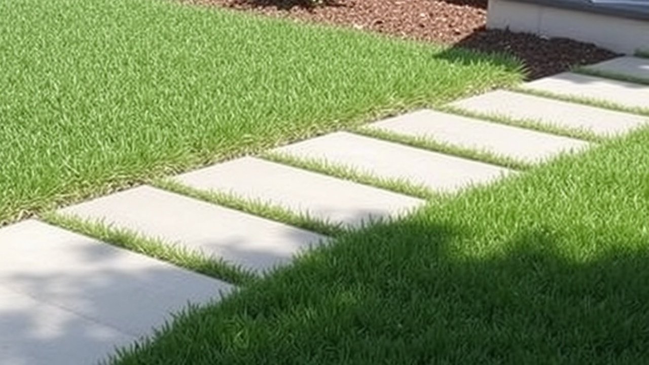 Concrete pavers form a clean border beside the grass.