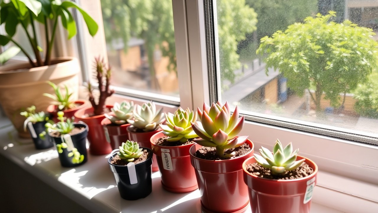 A row of small potted succulents on a sunny windowsill