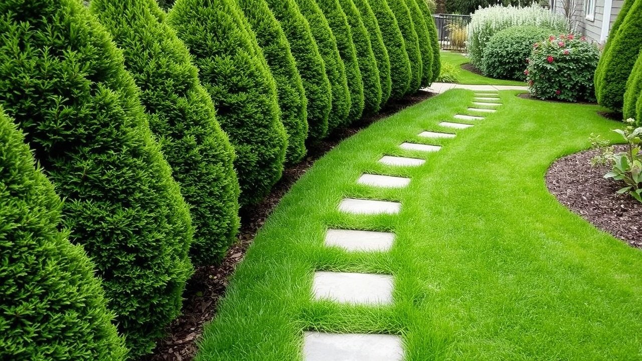 A narrow strip of lawn edged by evergreen shrubs and stepping stones