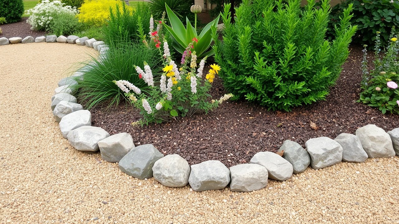 A group of rock borders separating dry gravel paths from planted areas