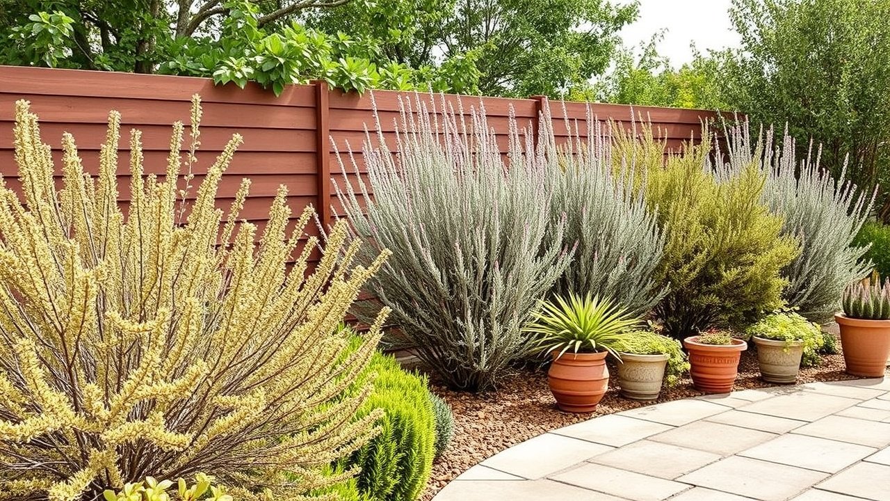 A paved patio bordered by drought‑tolerant shrubs and potted plants