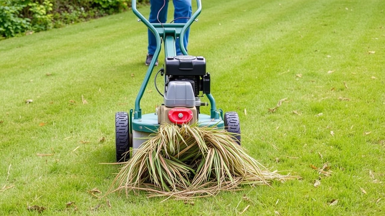 A lawn scarifier machine passing over a yard and lifting dead grass.