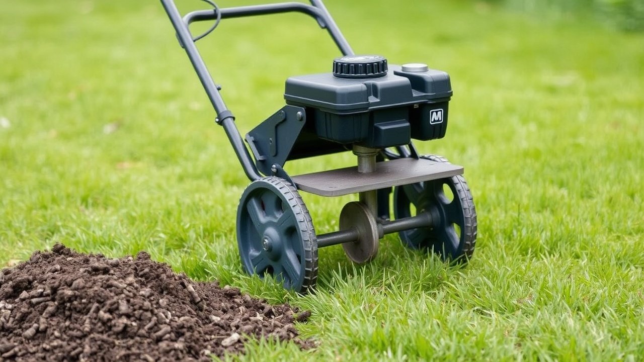 A lawn aerator machine standing on a green lawn next to small soil plugs.