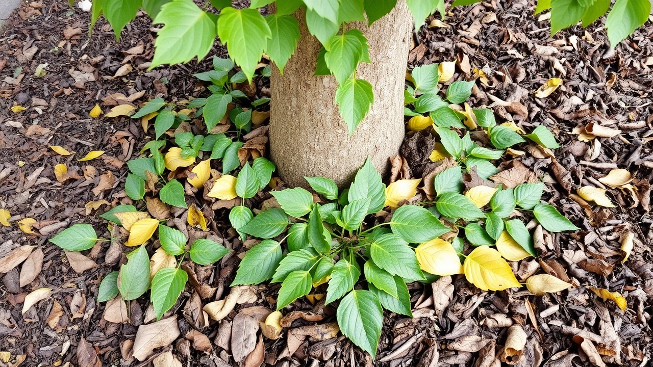 Mulched leaves are evenly spread around the base of a tree.