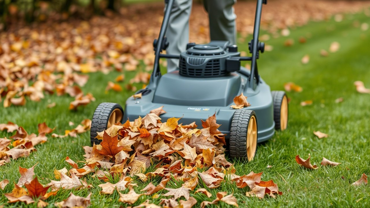 A person running a lawn mower over brown leaves turning them into small bits on the grass