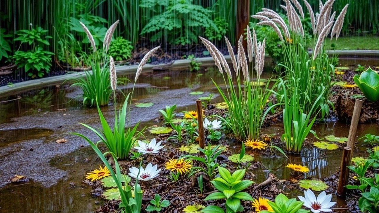 A rain garden with native plants and standing water after a storm