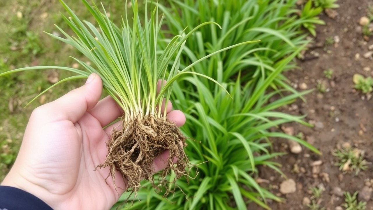 A hand holding a clump of tough grass roots beside a healthy yard